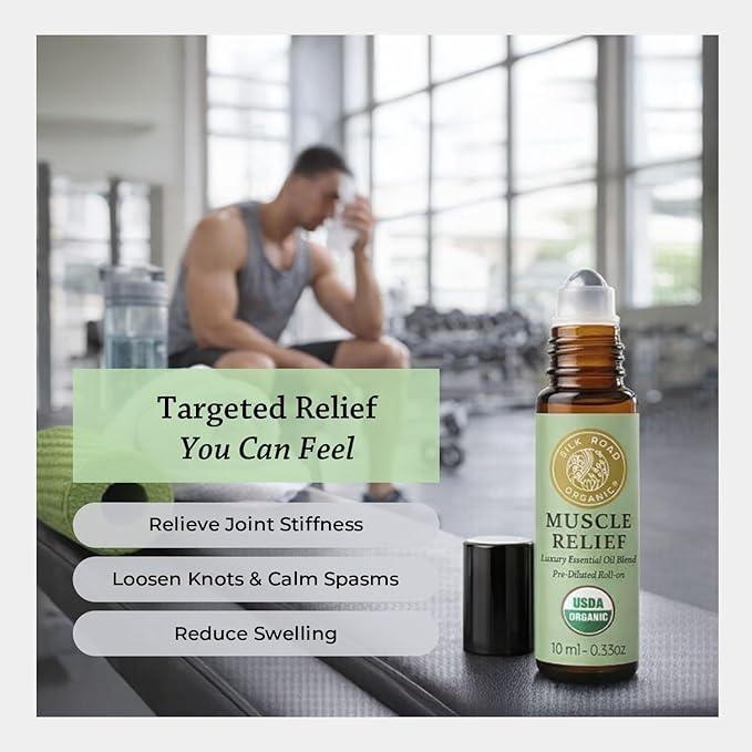 Silk Road Organic Muscle Relief Essential Oil Blend Roll On for Muscle Aches & Stiff Joints | USDA Certified Aromatherapy with Peppermint & Ginger - 10 ml Roller
