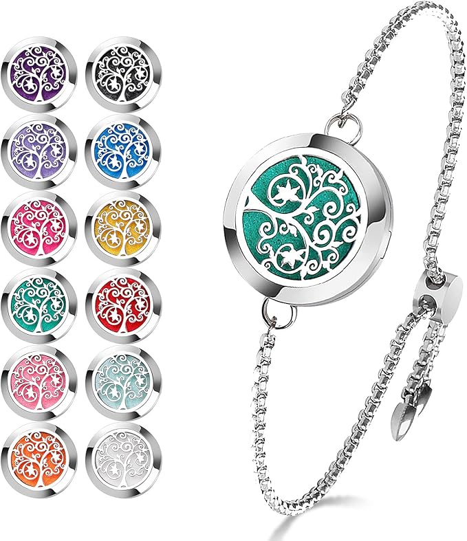 ttstar Essential Oil Diffuser Bracelet Stainless Steel Aromatherapy Locket Adjustable Diffuser Bracelet with 24pcs Refill Pads in 12 Assorted Colors Gift Set for Women(Tree of Hope)