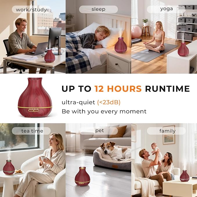 Aromatherapy Essential Oil Diffuser 550ml 12 Hours Wood Grain Aroma Diffuser with Timer Cool Mist Humidifier for Large Room, Home, Baby Bedroom, Waterless Auto Shut-off,7 Colors Lights Changing