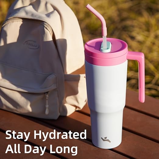 Konokyo Insulated Tumbler with Handle and Straw,40 OZ Vacuum Stainless Steel Water Bottle Travel Mug Metal Cup with Fruit Diffuser,Pink Grey