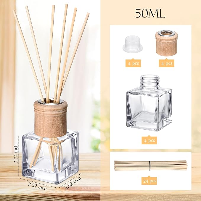 Roshtia 4 Set Reed Diffuser Bottle Empty Refillable Fragrance Glass Diffuser Bottles with Wooden Caps Rattan Sticks 50ml 1.7 oz Glass Jars for DIY Fragrance