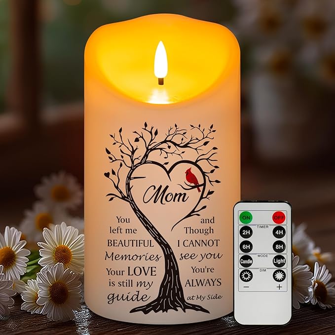 Flameless Memorial Candle for Loss of Mother, Real Wax Sympathy Gifts for Loss of Mom, Memorial Condolence Bereavement Gift in Memory of Mom (4" x 7")