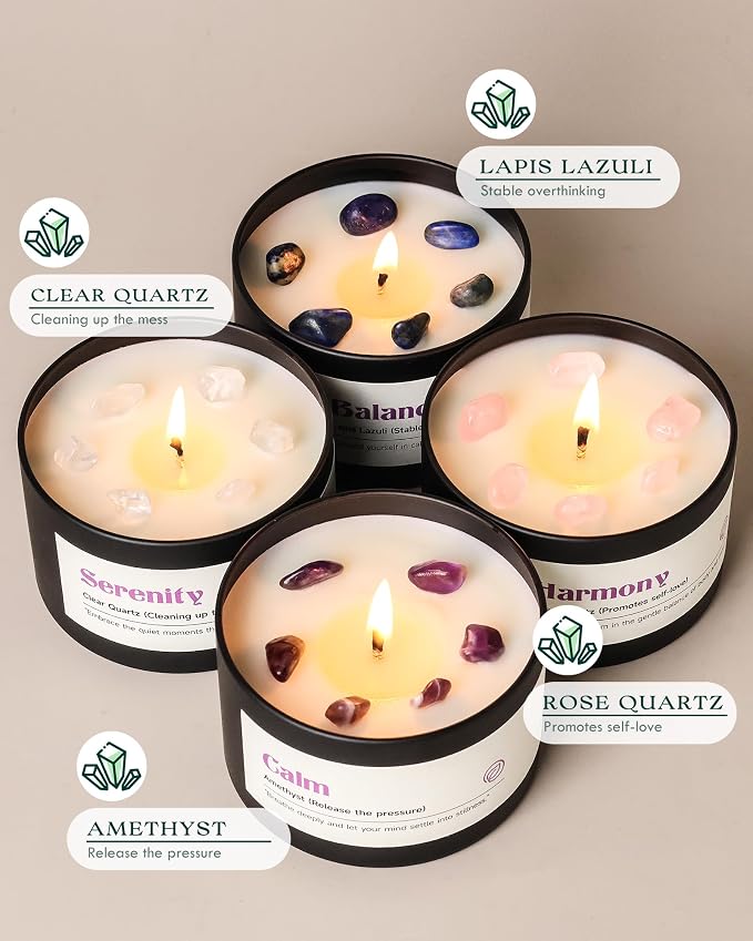 AOOVOO Crystal Soothing Candles Set for Women - 4 Pack 26 oz Soy Wax Candle for Home Scented, 200 Hour Long Lasting Candle, Calm Amethyst/Serenity Clear Quartz/Harmony Rose Quartz/Balance Lapis Lazuli