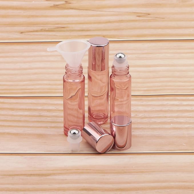 8 Pack 10mL(1/3 oz) Glass Roller Bottles for Essential Oils & Perfume, Rose Gold Roll On Vials with 2 Funnels, Travel Refillable Leak Proof Rollerball Applicator, DIY Craft Pretty Containers
