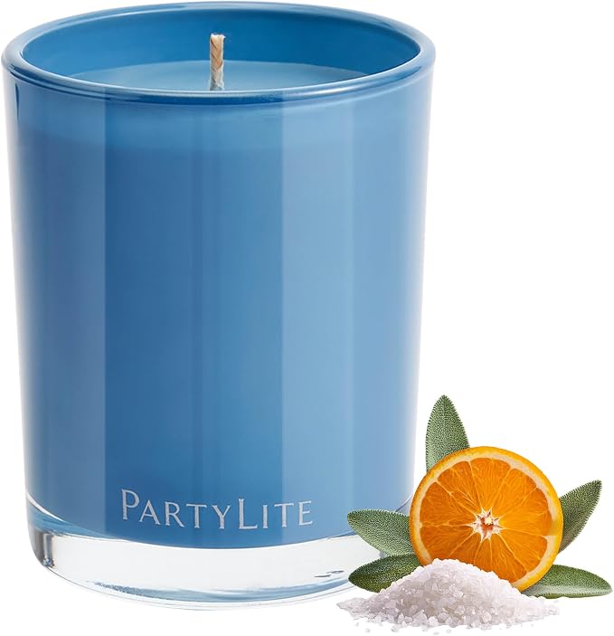 PartyLite Sea Salt & Sage Scented Escential Jar™ Candle, with Notes of Salted Air, Sea-Soaked Sage, Driftwood, Coconut and Sandalwood, 7.75oz 1-Wick Aromatherapy Reusable Glass Jar, 50 Hr Burn Time