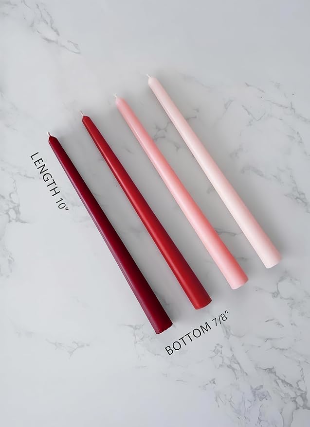 10" Classic Taper Candles, Red & Pink Shades, 4-Pack, 7-8 Hours Long Burning, Unscented Tall Candlesticks