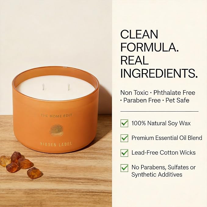 Hidden Label Teakwood Amber Soy Candle, 10oz 2-Wick, 45H Woody Warmth | Non-Toxic Phthalate-Free Vegan Wax | Earthy Amber Cedar Musk | Even Melt No Tunneling | Home Office Living Room Gift for Men