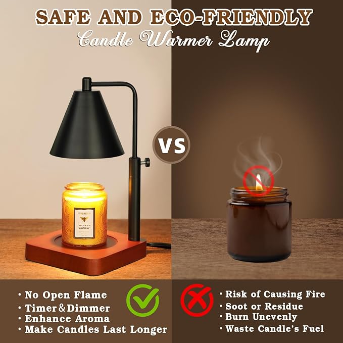 Modern Candle Warmer Lamp with Timer, Black Candle Lamp Warmer for Jar Candles, Mothers Day Birthday Gifts for Women, Dad, Men, Adjustable Metal Candle Lamp Dimmable, Vintage Home Decor, 2*35Watt Bulb