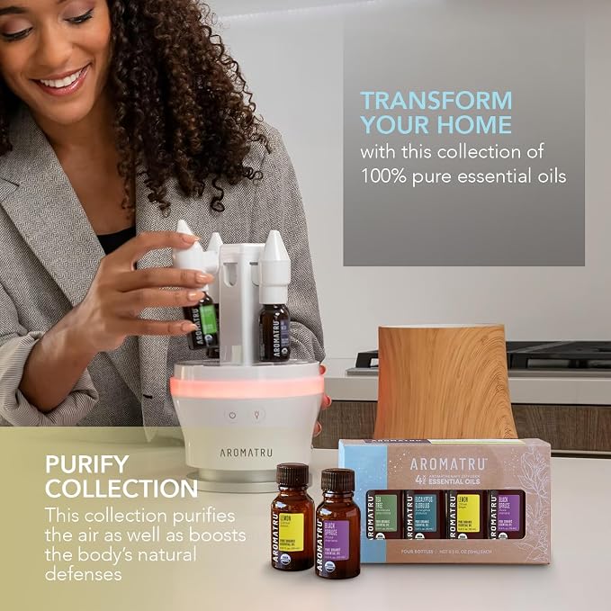 AromaTru Purify Essential Oil Kit – Tea Tree, Eucalyptus Globulus, Lemon, and Black Spruce – Organic & Wildcrafted – ISO Certified – No Synthetic Fillers – Ethically Sourced