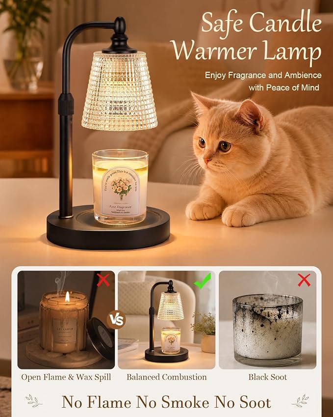 Hong-in Candle Warmer Lamp with Timer Dimmer, Birthday Gifts for Women, House Warming Gifts for New Home, Vintage Room Decor, Adjustable Height Candle Lamp, Wax Warmer for Scented Jar Candles, Black