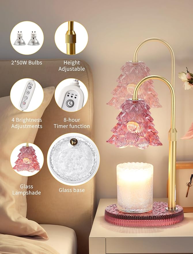 Candle Warmer Lamp with Timer & Dimmer, Crown Glass Lamp Candle Warmer for Jar Candles, 2 Bulbs, Height Adjustable Electric Wax Warmer for Elegant Home Decor (Blush Pine)