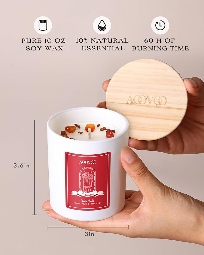 AOOVOO Cinnamon Scented Candles for Women - Aromatherapy Candle with Crystals Inside, 10oz Soy Candles for Home Scented, Birthday Gifts Valentines Day Candle for Women Mom
