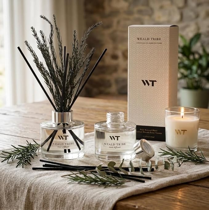 WEALD TRIBE Flower Reed Diffuser Set Balsam Fir Scent for Bathroom Accessories Shelf Decor & Air Fresheners, Fresh Air Sticks Defusers with 5.1 fl oz Essential Oils, House Office Decor & Gifts
