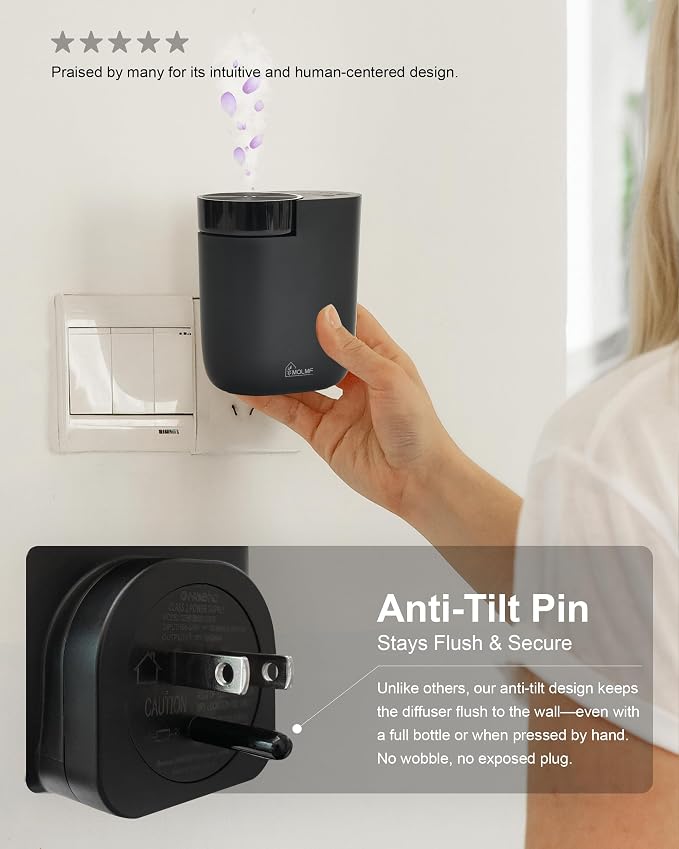 Waterless Plug in Diffuser, 800 Sq Ft, No Wobble Secure Wall Fit, Adjustable Timer & Scent Intensity,App Control,Essential Oil Plug in Wall Diffuser, Includes 3 x 20ml Fragrance Oils, Black