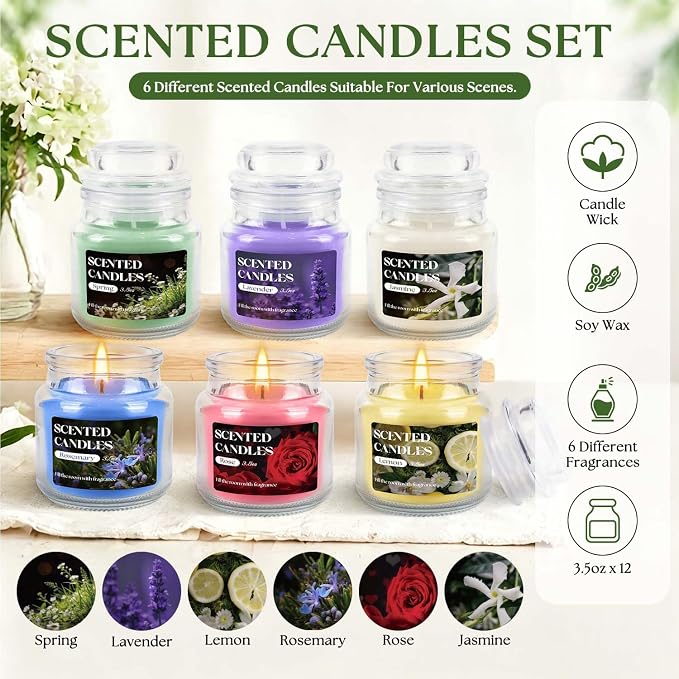 12-Pack 3.5oz Scented Candles Gift Set - Natural Soy Wax, Cotton Wick Aromatherapy Candles, Six Different Fragrances for Home Decor & Perfect Summer Gifts.