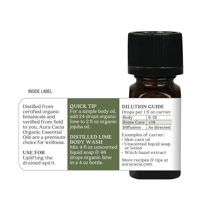 Aura Cacia Organic Distilled Lime Essential Oil, 100% Pure Citrus Aurantifolia Oil - Aromatherapy for Body Care, DIY Blends | 0.25 Fl Oz (Pack of 1)