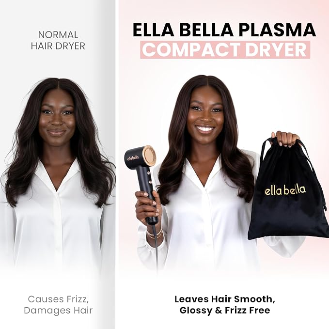 ELLA BELLA® Compact Plasma Hair Dryer, Advanced Plasma Technology Blow Dryer with Digital Display, Rapid Drying, Low Noise, & Luxury Velvet Travel Bag - Includes Diffuser & Nozzle- for All Hair Types