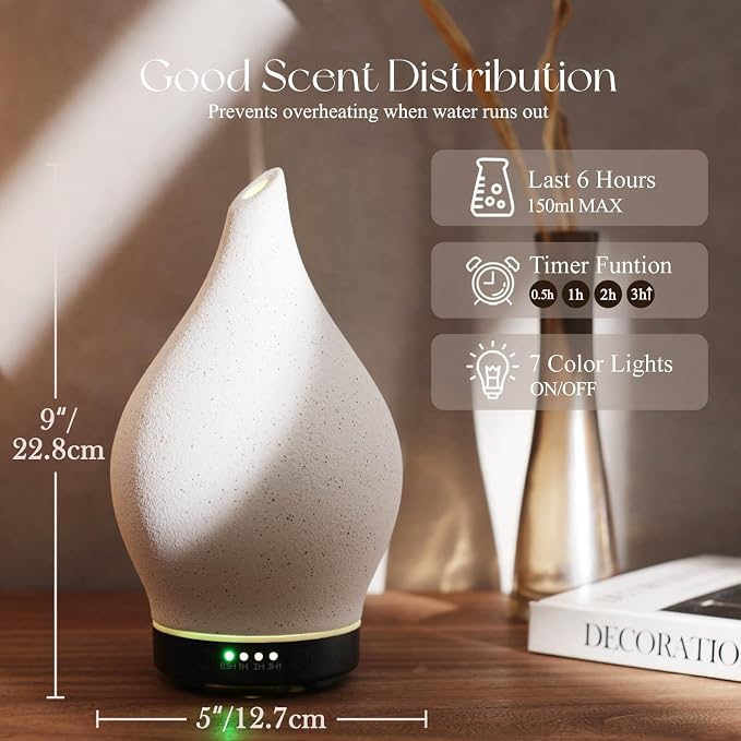 Porseme 150ml Essential Oil Diffuser Ceramic Color Changing Aroma Air Diffusers Aromatherapy Ultrasonic Cool Mist Humidifier 6 Running Hours for Sleeping Yoga Office Spa(White Ceramic, Black Base)