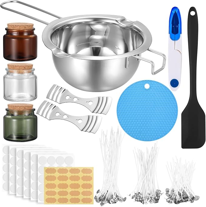 NPFVKSA Candle Making Kit, 120 Candle Wicks, 480ml Wax Melting Pot, 120 Wick Stickers,3 Candle Jars,2Candle Wick Holders,Candle Making Kit for Adults