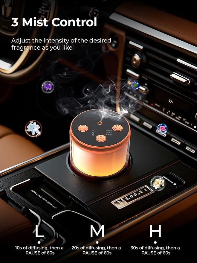 Waterless Essential Oil Diffuser: 𝟗 𝐂𝐨𝐥𝐨𝐫𝐬 𝐋𝐄𝐃 Scent Diffuser for Home&Car&Office - Portable Diffuser with 48H Battery, 4 Timers & 3 Mist Levels, Bright Orange
