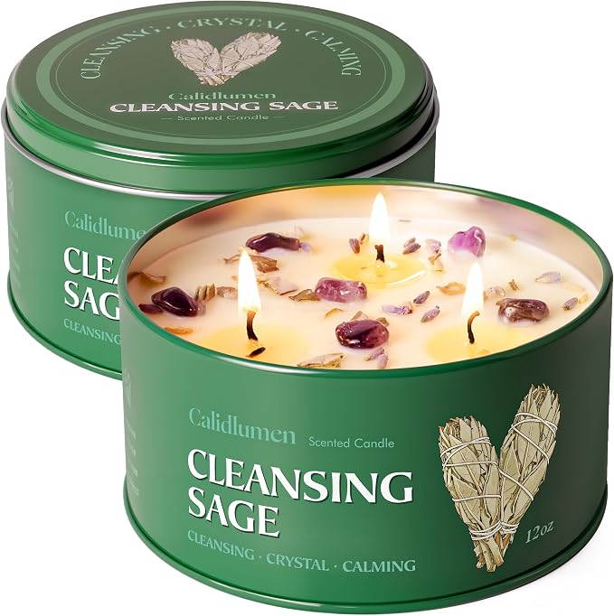 Sage Candle for Cleansing - 3 Wick 24 oz 2PC Soy Candle with Crystal and White Sage Crumbles, Organic Sage Candles Cleansing House Negative Energy