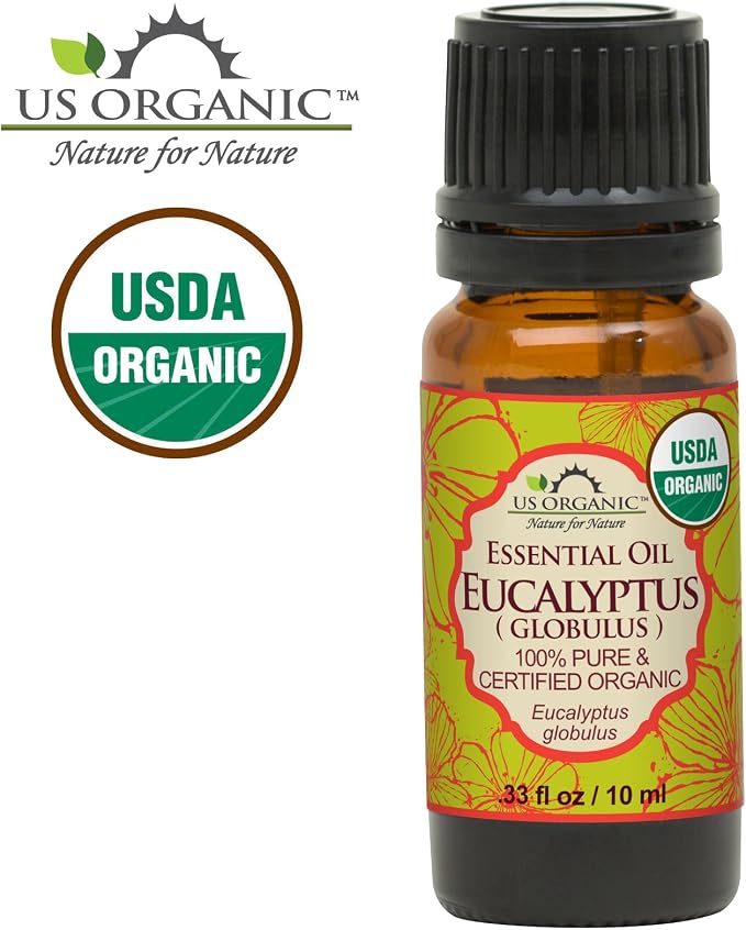 US Organic 100% Pure Eucalyptus Essential Oil (Globulus) - USDA Certified Organic, Steam Distilled - W/Euro droppers (More Size Variations Available) (10 ml / .33 fl oz)