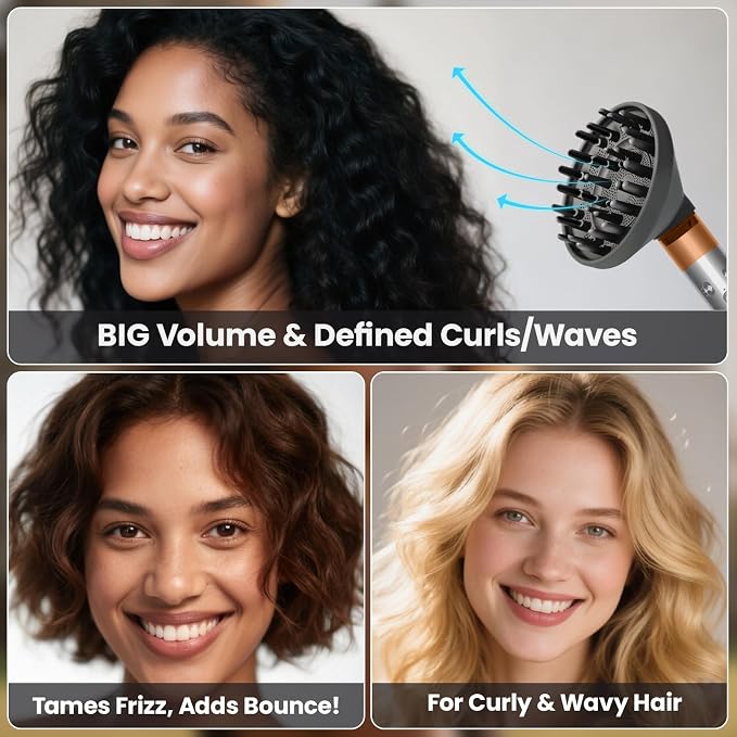 Upgraded Large Diffuser Attachment for Dyson Airwrap Styler HS01/HS05/HS08 - Converts to Hair Dryer, Fast Drying Wave & Curly & Thick, Heat Resistant Nylon Fiber Nozzle Attachments (Grey)