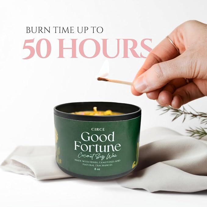 Circe Spell Candle “Good Fortune” Coconut Soy Wax Candle Jar – Premium Hand Poured & Long Burning – Herbs, Crystals & Natural Fragrance Oils - Invite Luck, Positivity & Success - Self Care, Gift- 8oz