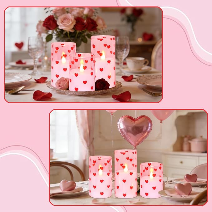 Love Flameless Candles with Remote Timer, Glass Battery Operated Candles, Pink Spray-Painted Heart LED Candles for Home Party Wedding Valentine's Day Decor Set of 3