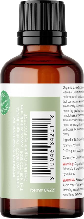 Viva Doria Sage Essential Oil, USDA Certified Organic Sage Oil, 100% Pure, Hungarian Natural Essential Oil, Undiluted, for Aromatherapy | Food Grade, 30 mL (1 Fluid Ounce)