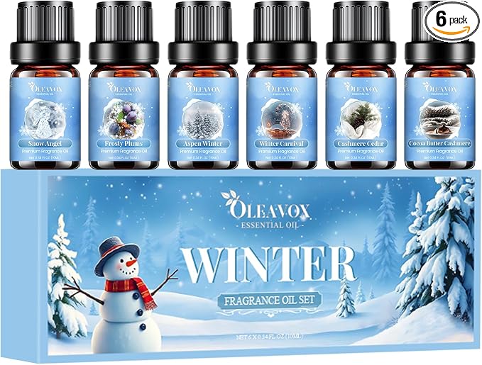 Winter Essential Oils Set, 6 Premium Holiday Fragrance Oil for Diffuser, Candle & Soap Making, Frozen Magic, Winter Wonderland, Hot Cocoa, Frosted Fir, Warm Sweater, Log Fire, Scented Oils for Home
