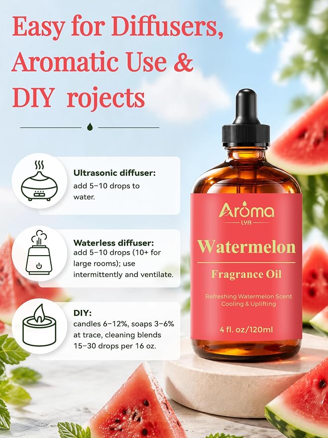 Watermelon Fragrance Oil is Designed for Diffuser use and Home scenting, Bringing a Refreshing Watermelon Scent with a Cool, Uplifting Feel into Your Space