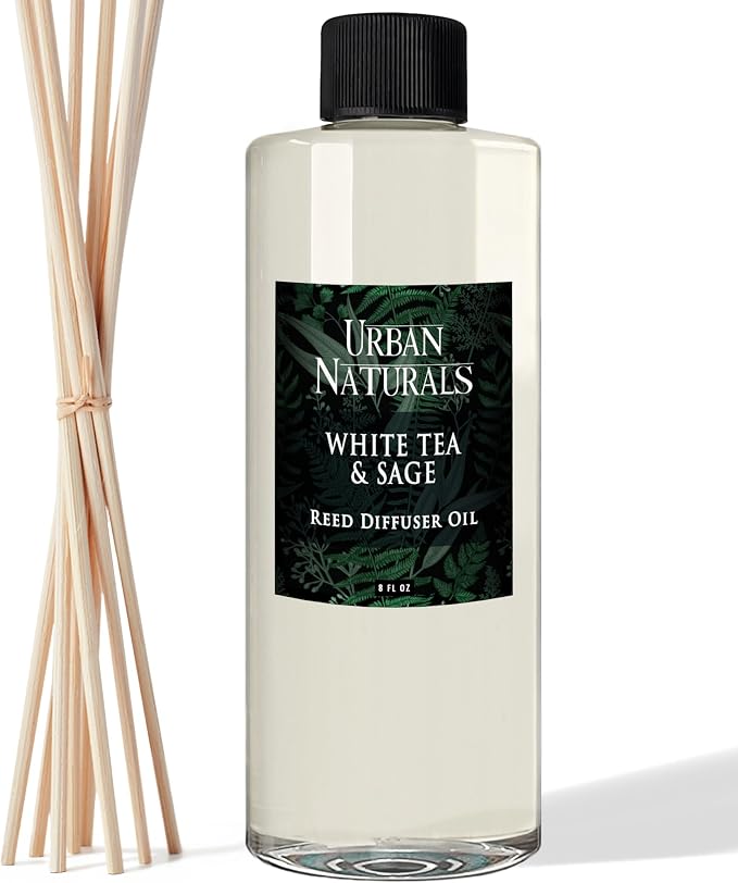 Urban Naturals Reed Diffuser Oil Refill White Tea Sage with Bergamot, Soft Herbal Notes 8 oz + Free Reed Sticks, Made in the USA
