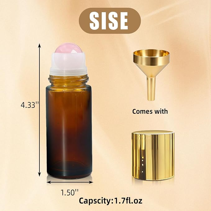 Rose Quartz Roller Bottles for Oils, 50ml Refillable Amber Glass Roll On Bottles with Natural Crystal Roller Balls, Leak-Proof Travel Perfume Bottle with Gold Caps