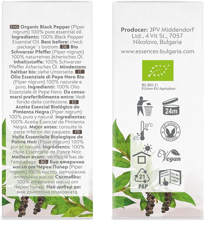 Essences Bulgaria Organic Black Pepper Essential Oil 0.51 Fl Oz | 15ml Piper nigrum - 100% Pure Natural Undiluted Therapeutic Grade for Aromatherapy Humidifier and Relaxing Massage to Ease Joint Ache