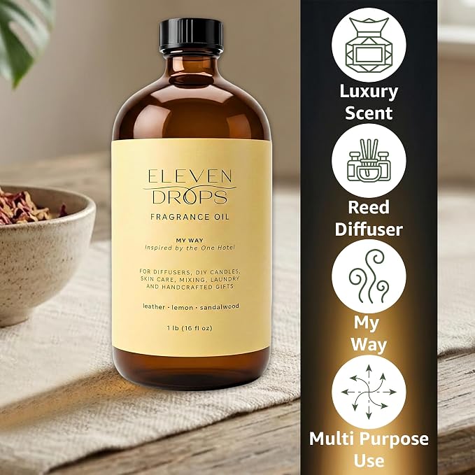 My Way Fragrance Oil | Leather, Lemon & Sandalwood Notes | Long Lasting Scent Reed Diffuser Oil for Home, Office, Hotel, Spa, Car & Linen Spray | Pet Friendly IFRA Compliant, 16 oz