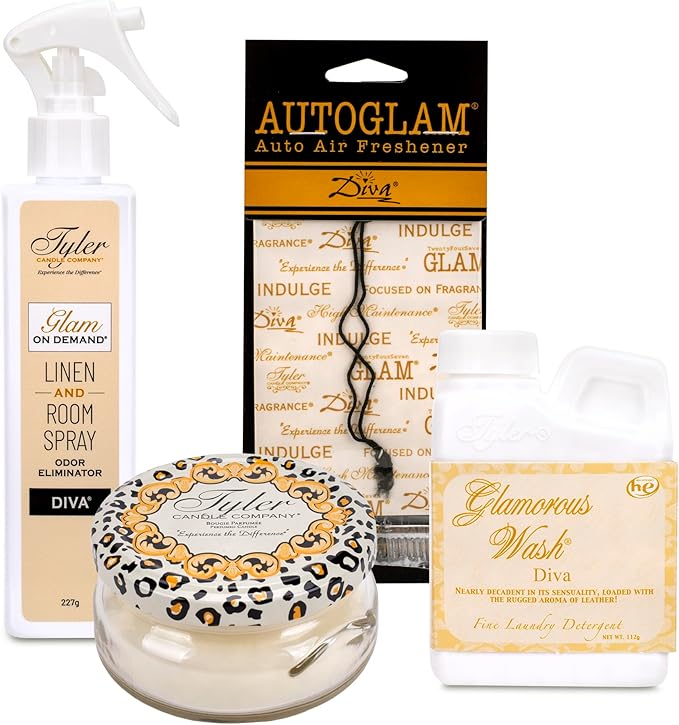 Tyler Candle Company - Diva Glamorous Gift Suite VI - (On Demand Room Spary, Glamorous Wash, Jar Candle, Autoglam)