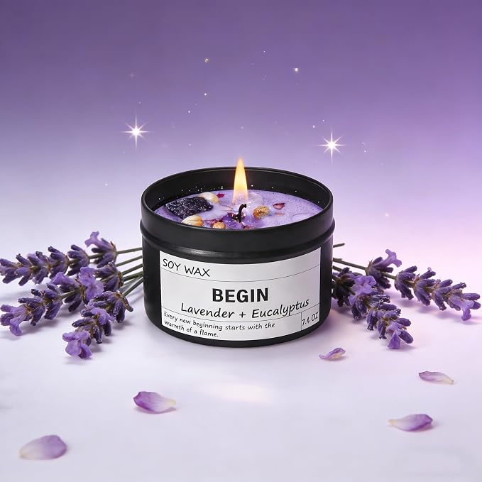 Begin New Beginnings Lavender & Eucalyptus Scented Candle, Black Jar with Purple Crystals, Natural Soy Wax Candles Gifts for People Embarking On Life’s New Journeys, Ready to Restart After A Setbac