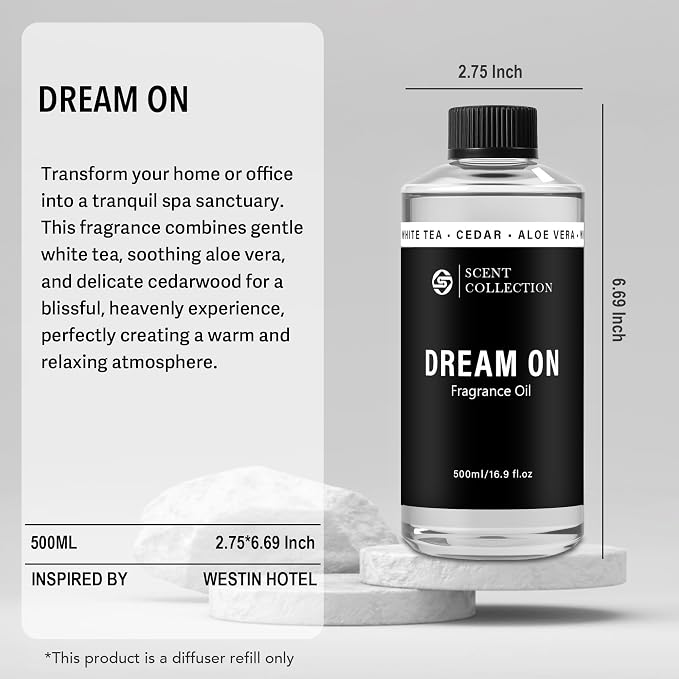 Luxury Hotel Scent Dream On 500ml Diffuser Oil Waterless Essential Aromatherapy for Cold Air & Car Diffusers – Long Lasting Refill for Large Room & Home - Signature White Tea (500ml/16.9Fl oz)