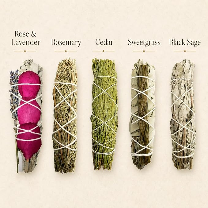 Smudge Sticks Sampler - 1 White Sage with Rose and Lavender, 1 Rosemary, 1 Cedar, 1 Sweetgrass White Sage and 1 Black Sage