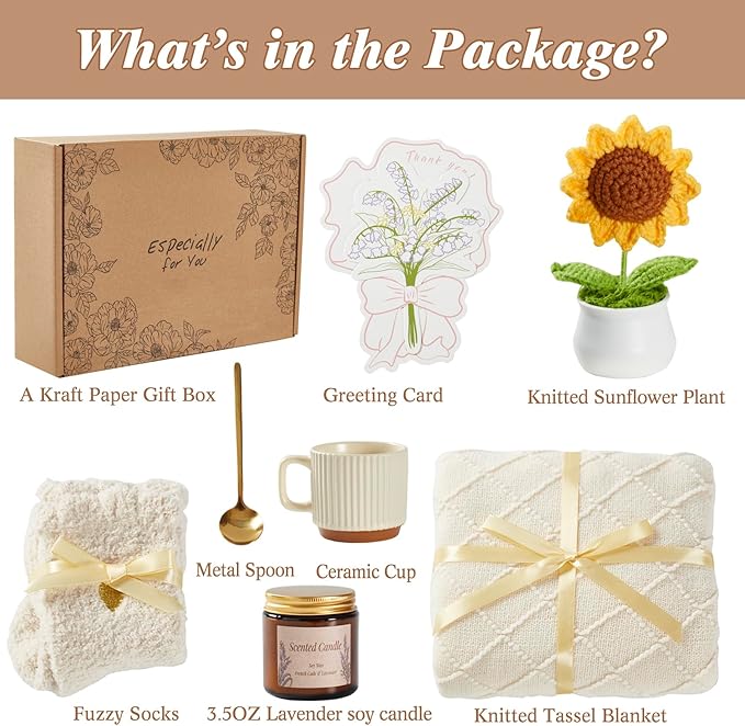 Birthday Gifts for Women, Sending Sunshine Sunflower, Self Care Set Get Well Soon Gift Baskets, Sending Hug Baskets Package, Thinking of You Gift for Mom Best Friend Her Wife Sister Girlfriend Grandma