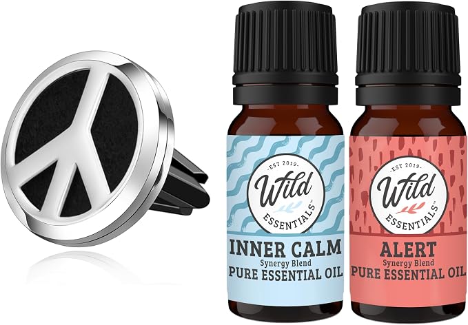 Wild Essentials Peace Sign Essential Oil Car Vent Diffuser Kit – 316L Stainless Steel Locket, Rubber-Coated 4-Way Clip, 8 Color Pads (22mm), 25mm – Includes Alert & Inner Calm (2 x 10ml)