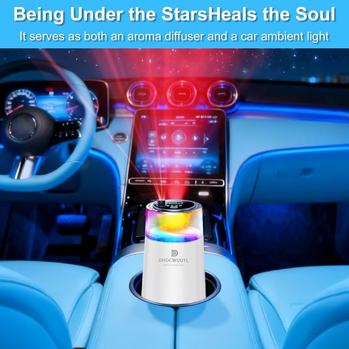 Smart Car Air Freshener with RGB Ambient Light & Starry Ceiling, Car Diffuser with Smart Spray Modes 4 Settings, 1600 Sprays USB-C Rechargeable, Auto On/Off, Built-in Battery, 3 Scents Refills (White)