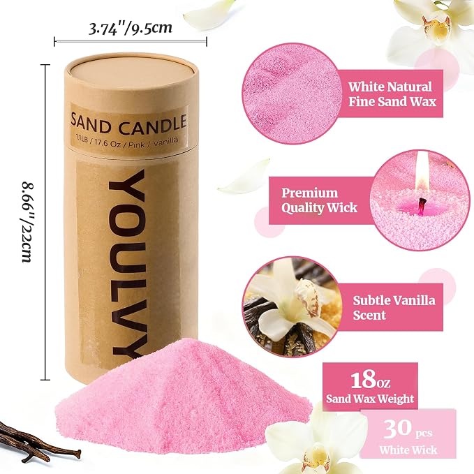 Pearl Candle Sand with 30 Wicks 18Oz-Vanilla Scented Non Toxic Luxury Long Lasting Refillable Pearled Candle 120 Hours-Pearled Sand Powder Wax Candles Kit for Candle Making Wedding Party Decor