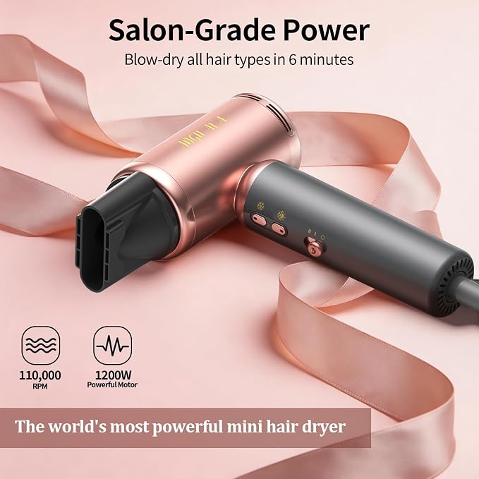 Dual Voltage(100~250V) Travel Mini Hair Dryer with European Plug Adapter for International Travel, 110,000 RPM High-Speed Portable Hair Dryer with Concentrator Nozzles