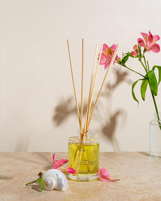 Brooklyn Candle Studio Reed Scent Diffuser - Maui - Relaxing Oil Diffuser, Sea Salt, Driftwood & Ylang Ylang Fragrance, 8 Rattan Diffuser Reeds, Clean Ingredients - 3.7oz