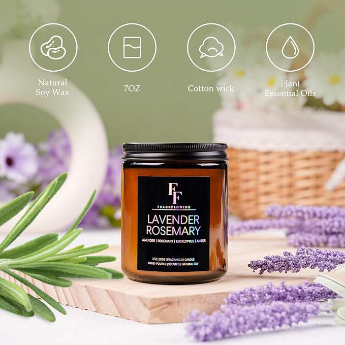 Lavender Rosemary Candle, Scented Candle for Home Soy Wax Candle, Aromatherapy Candle Gift for Women Men, 7oz
