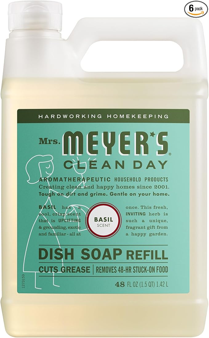 Mrs. MEYER'S CLEAN DAY Liquid Dish Soap Refill, Basil, 48 fl. oz (Pack of 6)