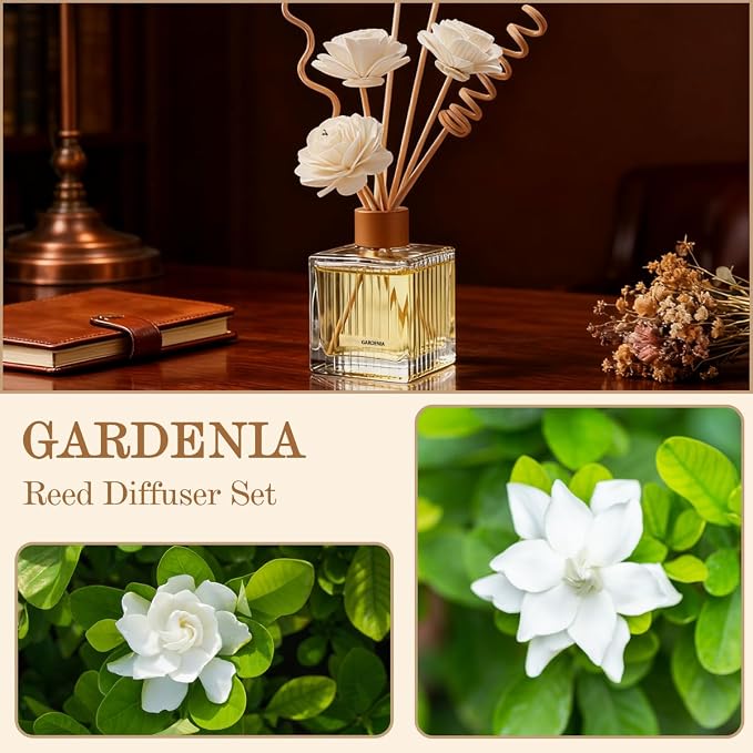 Gardenia Reed Diffuser - 6.7 oz Glass Bottle with 4 Rattan Sticks, 3 Dried Flowers | Adjustable, Long-Lasting Scent for Home, Bedroom, Living Room, Office, Bathroom | Aromatherapy Gift