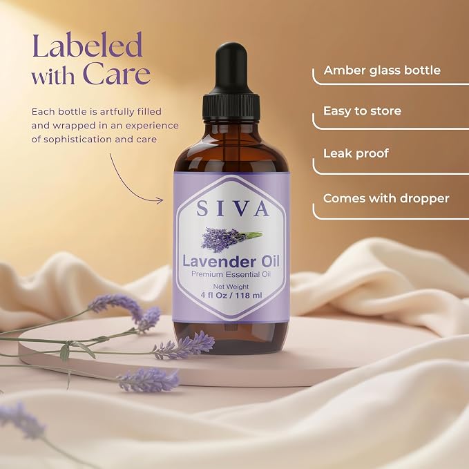 SIVA Lavender Essential Oil 4 Fl Oz – For Diffuser, Skin & Hair Care – Ideal for Massage & DIY Blends – with Dropper